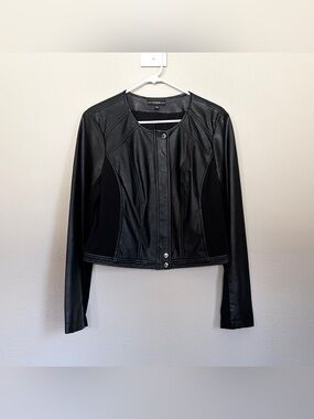 GUESS Black Leather Round-Neck Jacket
